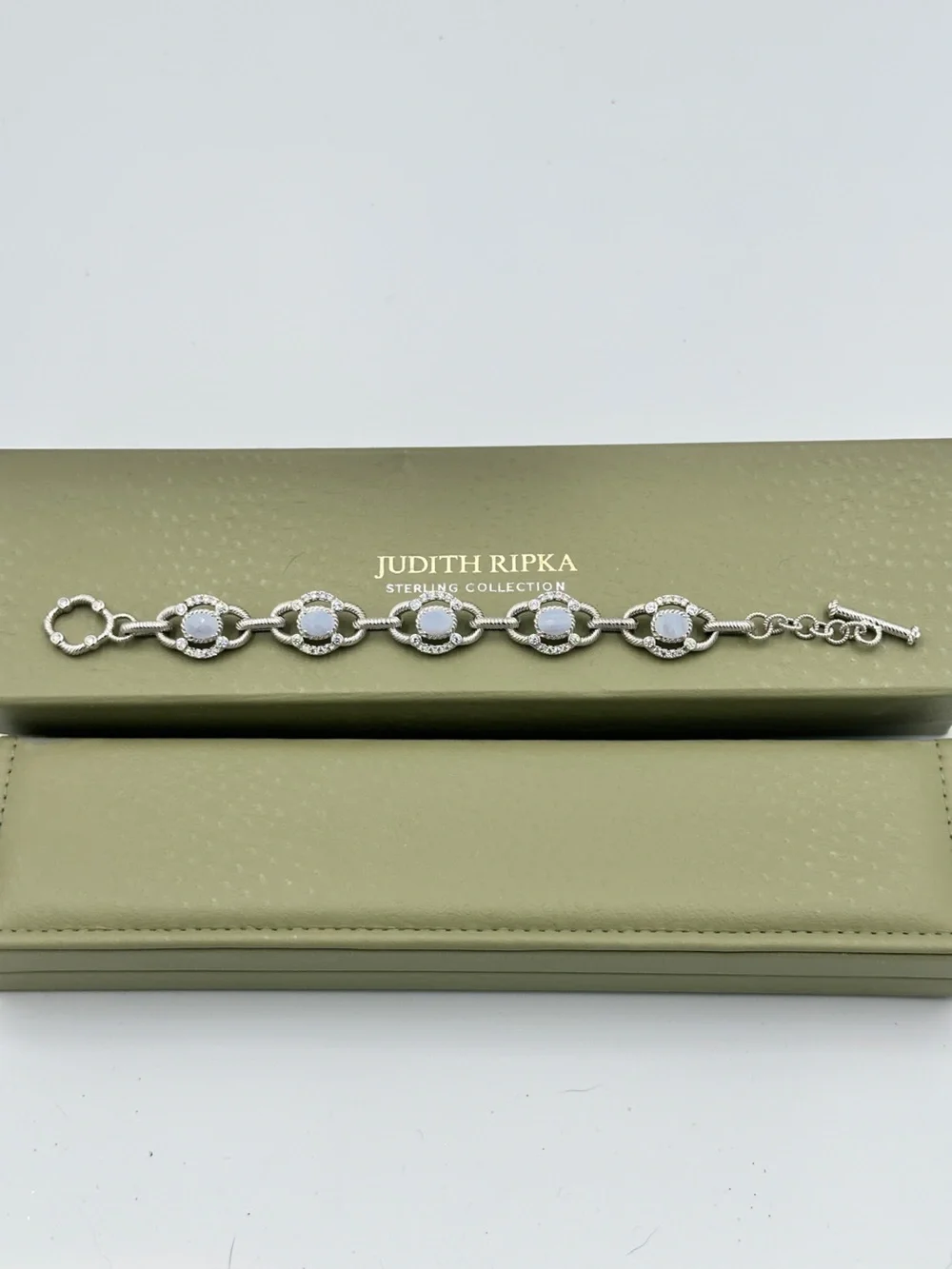 Judith Ripka 925 Sterling Silver Cable Links Toggle Stones CZ Bracelet